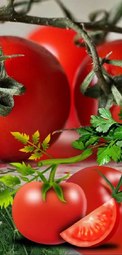 Red tomatoes on a branch with green leaves and floral backdrop.