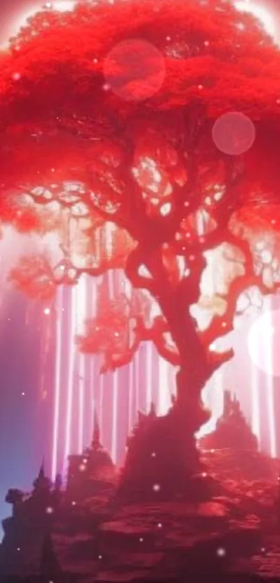 Vibrant red tree with glowing roots in a mystical landscape, illuminating the scene.