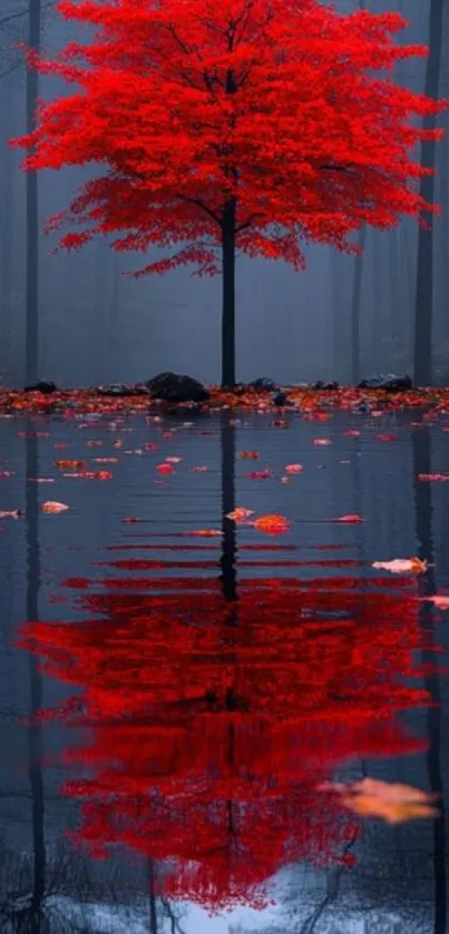 Vibrant red tree reflected in a serene lake with autumn leaves.