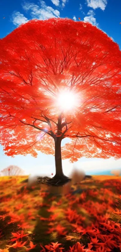 Vibrant red tree with sunlight and bright sky, perfect nature wallpaper.