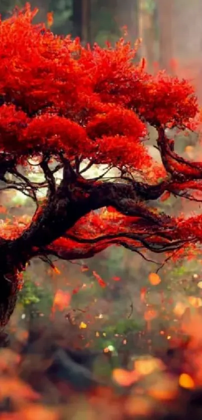 Vibrant red tree in mystical forest wallpaper