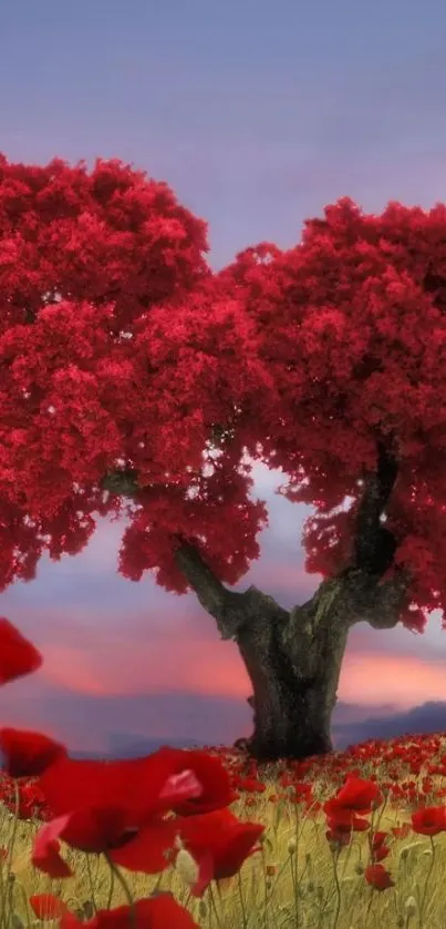 Vibrant red tree in scenic landscape wallpaper.