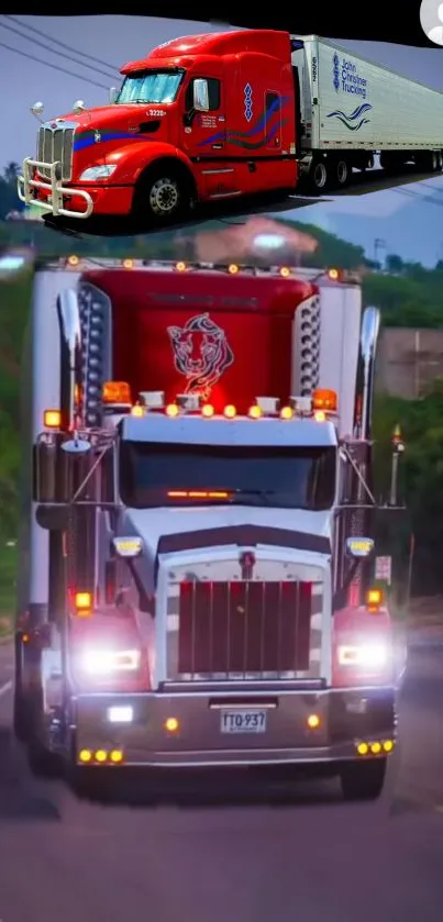 Red truck wallpaper on a scenic road.