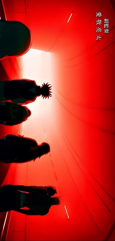 Silhouetted figures in a glowing red tunnel, creating a dramatic scene.