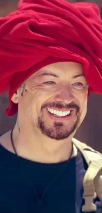 Smiling man with vibrant red turban.