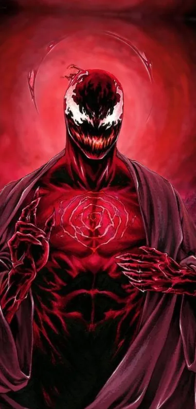 Sinister villain with a red aura and dark cloak in vibrant artwork.