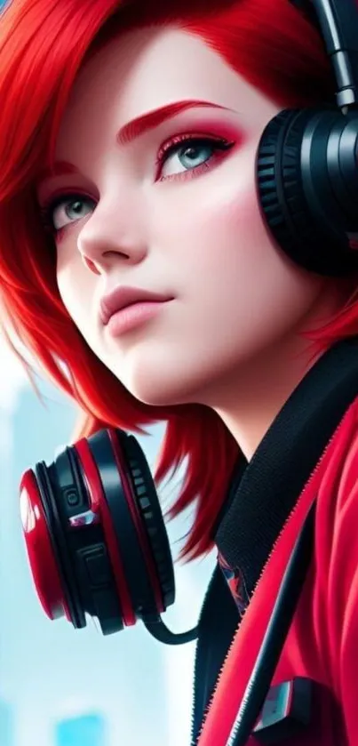 Anime art of a red-haired character with headphones.