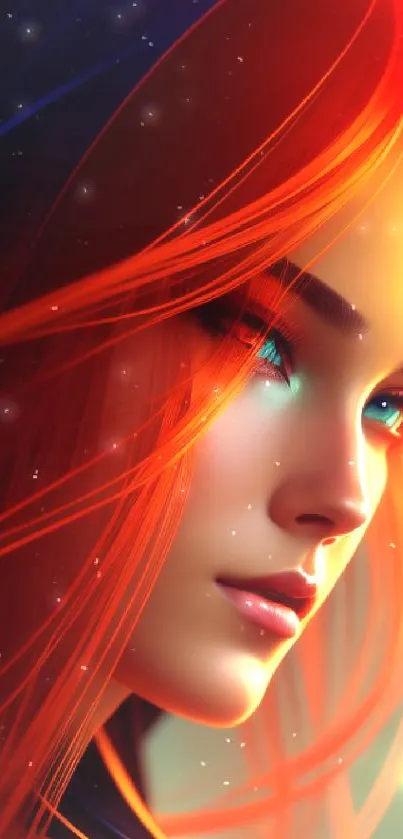 Digital art of a woman with vibrant red hair, glowing in soft light.