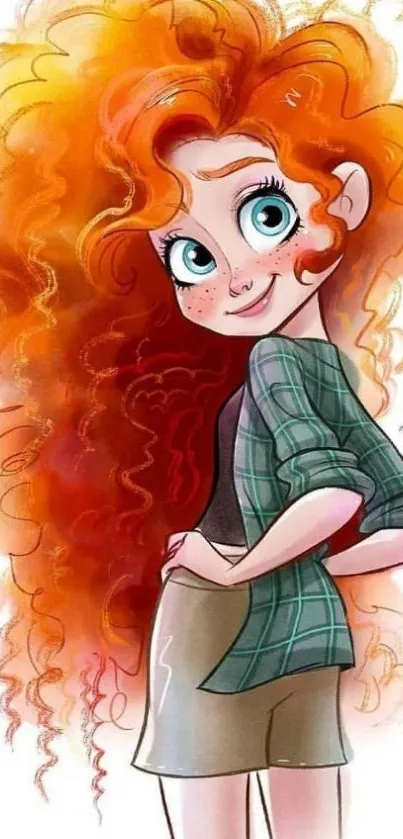 Vibrant cartoon character with red curly hair and plaid shirt.