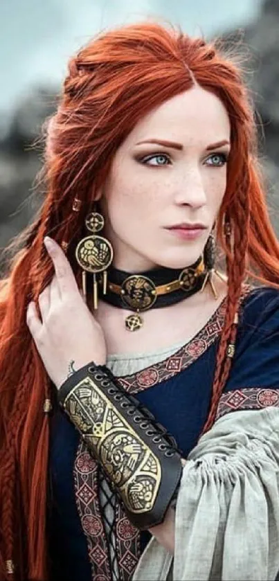 Red-haired woman in medieval attire wallpaper with fantasy theme.