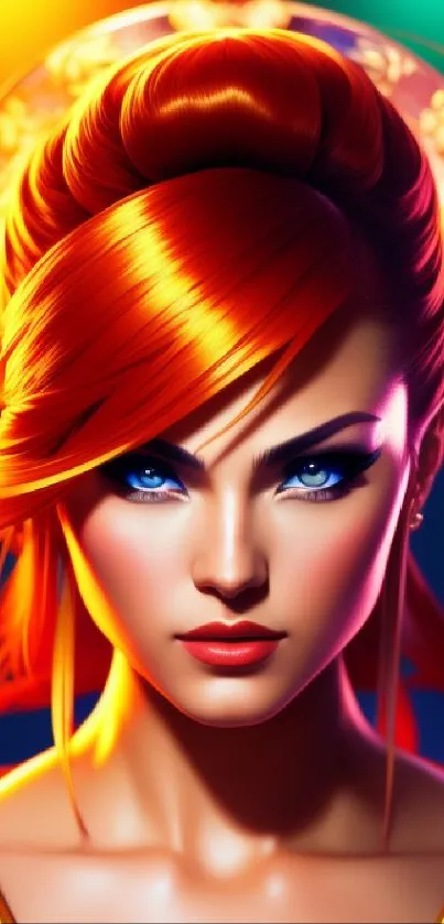 Vibrant redhead with blue eyes, colorful art wallpaper.