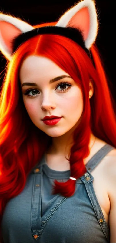 Vibrant redhead with cat ears in stylish portrait.