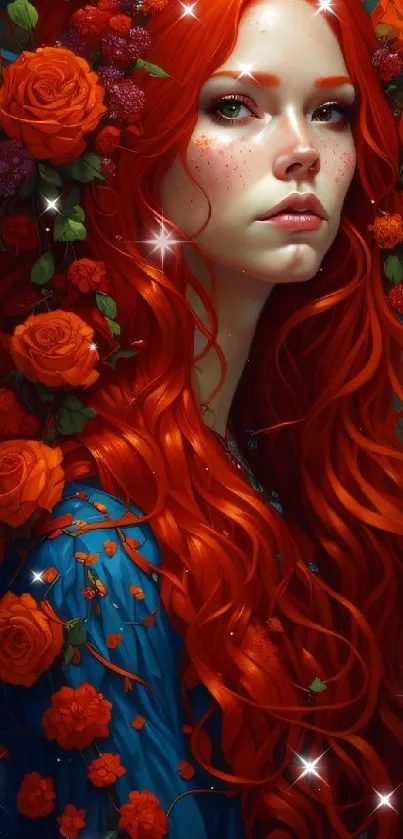 Artistic portrait of a redhead woman with floral accents.