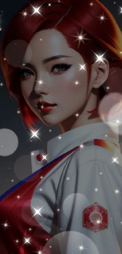 Redheaded anime character with sparkling stars and an ethereal theme.