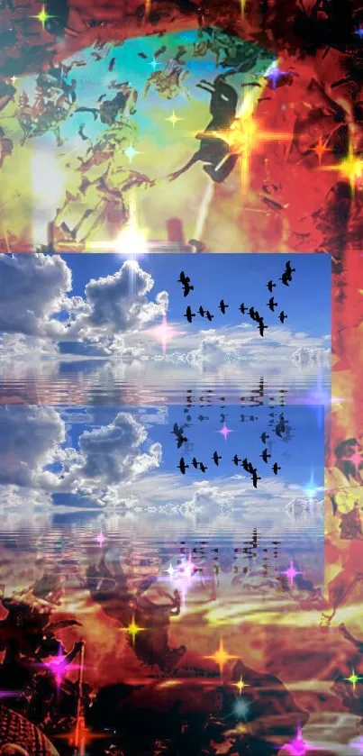 Fantasy art wallpaper with clouds, birds, and vibrant reflections.