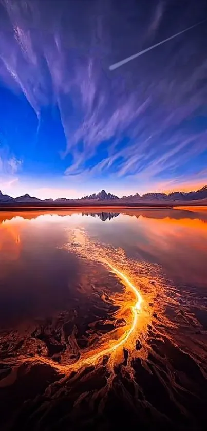 Vibrant sunset reflection over tranquil lake with blue sky.