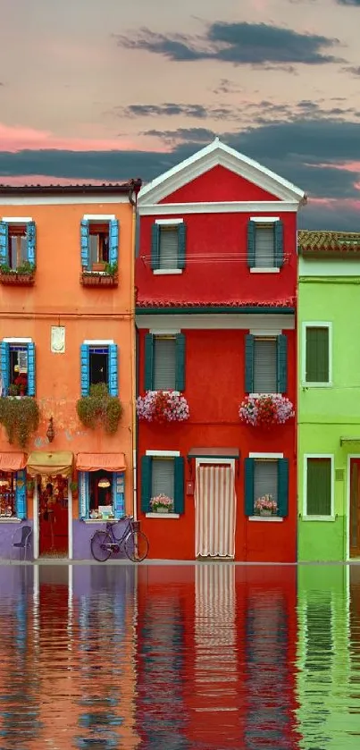 Colorful houses reflecting in water with a dramatic sky.