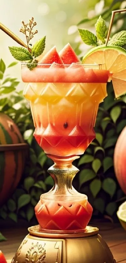 Vibrant cocktail with watermelon and lime garnishes.