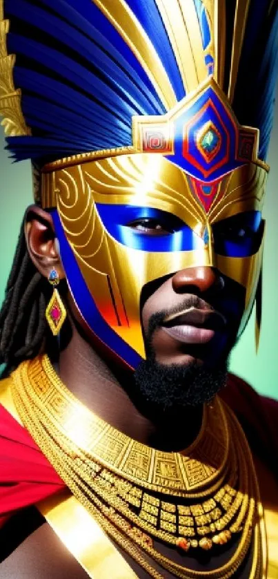 Regal mask with gold and blue design on vibrant mobile wallpaper.