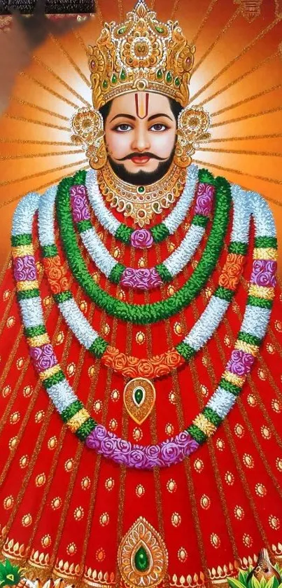 Vibrant deity with ornate attire and jewelry on a red background.