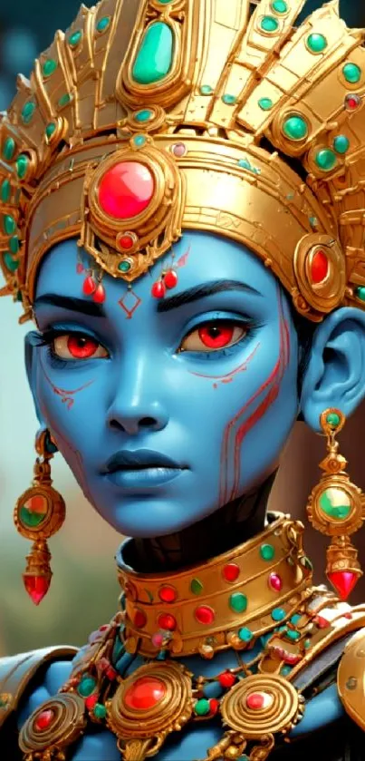 Blue-skinned fantasy figure with golden ornate headdress and jewelry.