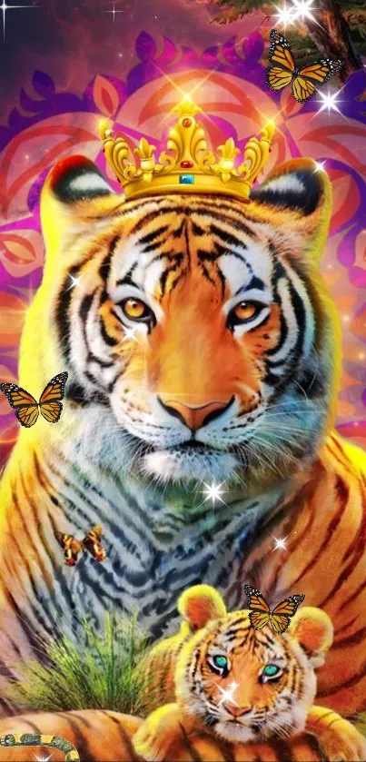 Regal tiger and cub with colorful patterns and crown in vibrant art wallpaper.