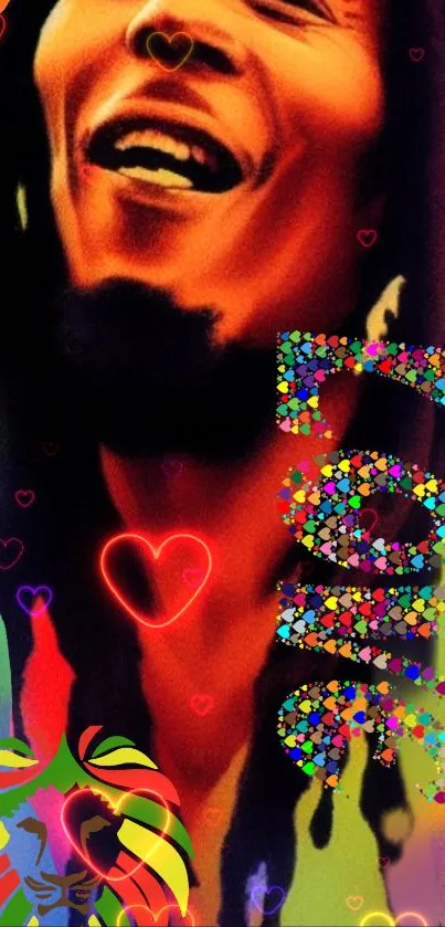 Vibrant reggae art wallpaper with love theme and hearts.