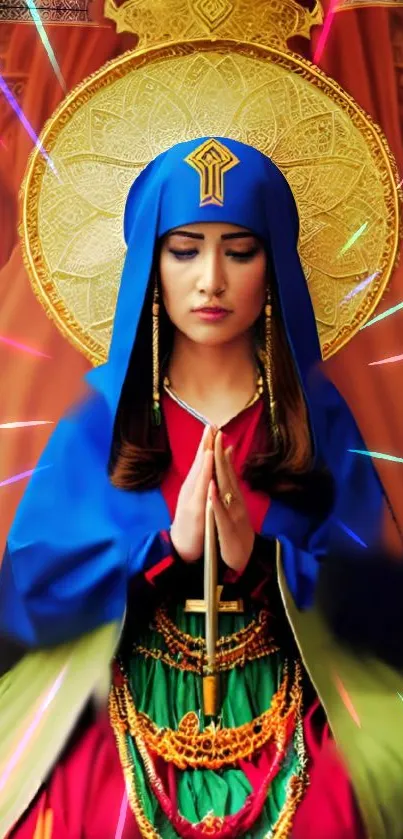 Vibrant religious artwork of a woman in colorful attire, rich in details and colors.