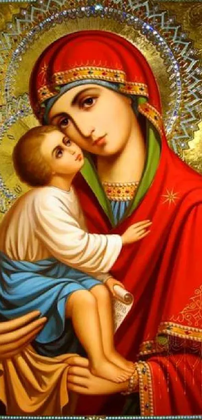 Colorful religious icon of Mary holding a child.