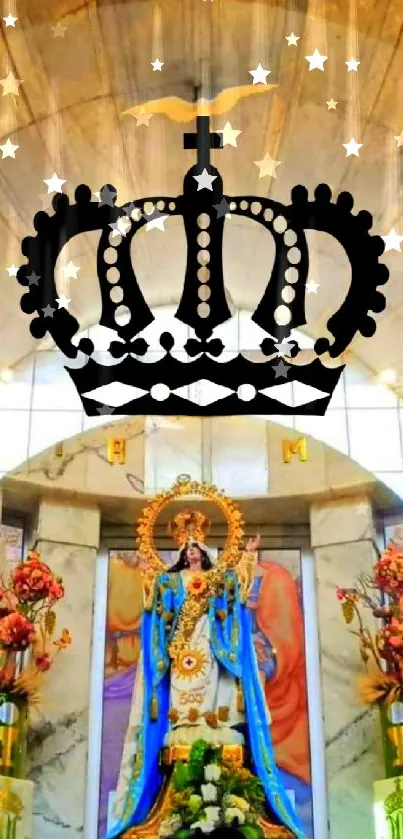 Wallpaper of a crown over a religious statue inside a shrine.