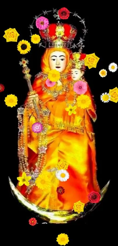 A vibrant religious icon with bright flowers on a black background.