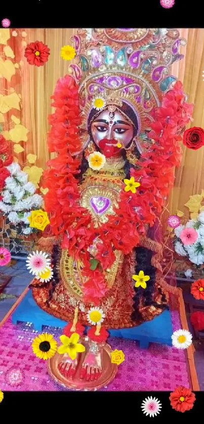 Colorful Hindu goddess statue with floral adornments and vibrant decor.