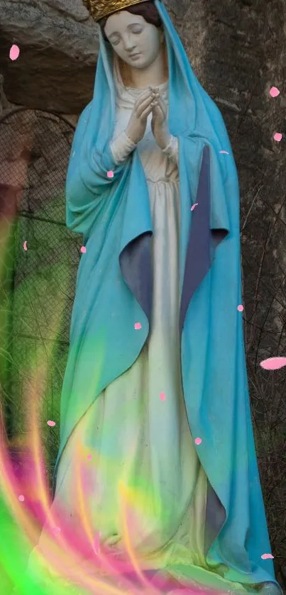 A vibrant religious statue with colorful light effects and serene design.