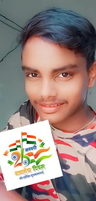 Mobile wallpaper with Republic Day theme featuring a camo shirt and Indian flag design.