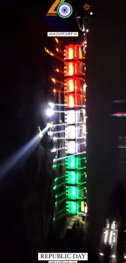 Vibrant building lights showcasing Indian flag colors.