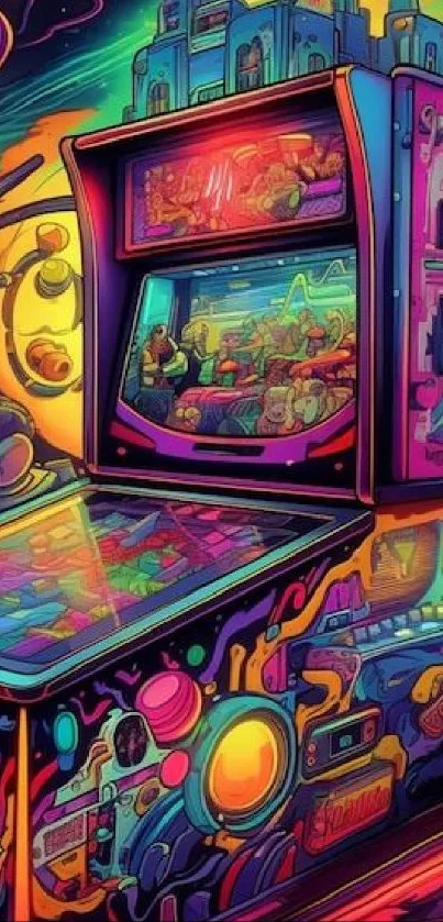 Colorful retro arcade machine with neon designs.