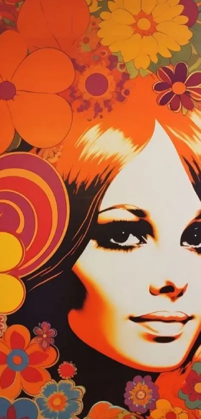 Retro pop art wallpaper with vibrant orange hue and floral design.