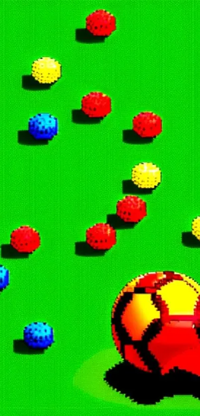 Retro arcade wallpaper with colorful balls on green background.