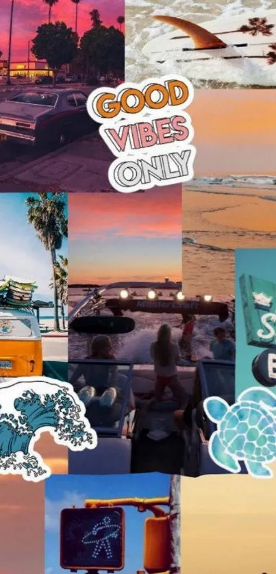 Retro collage with beach, sunset, and surfboards.