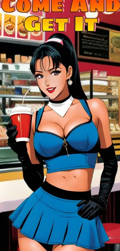 Animated character in blue outfit at a retro cafe.