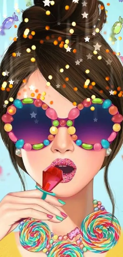 Colorful retro candy art wallpaper with vibrant lollipop theme.