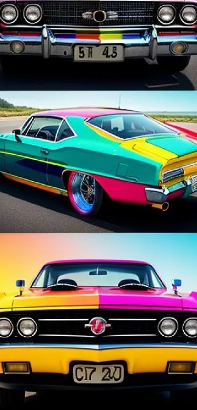 A trio of colorful vintage cars on display.