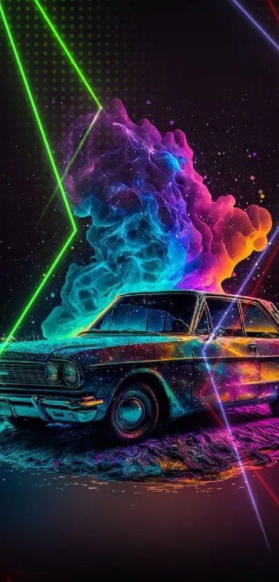 Neon retro car with vibrant smoke on starry backdrop mobile wallpaper.