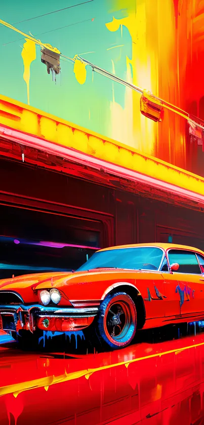 Vibrant neon retro car wallpaper with bold colors.