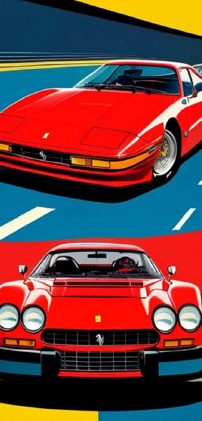 Vibrant retro car artwork with bold colors, featuring classic sports cars.