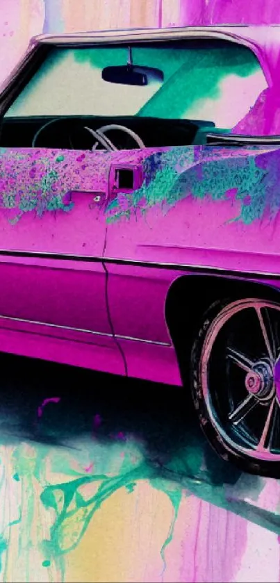 Vibrant retro car art wallpaper in pink and purple hues.