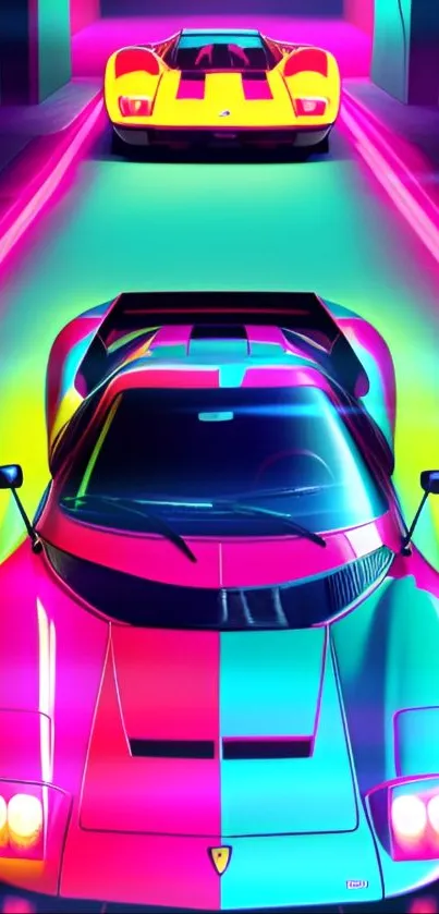 Vibrant neon retro car art in a colorful style.