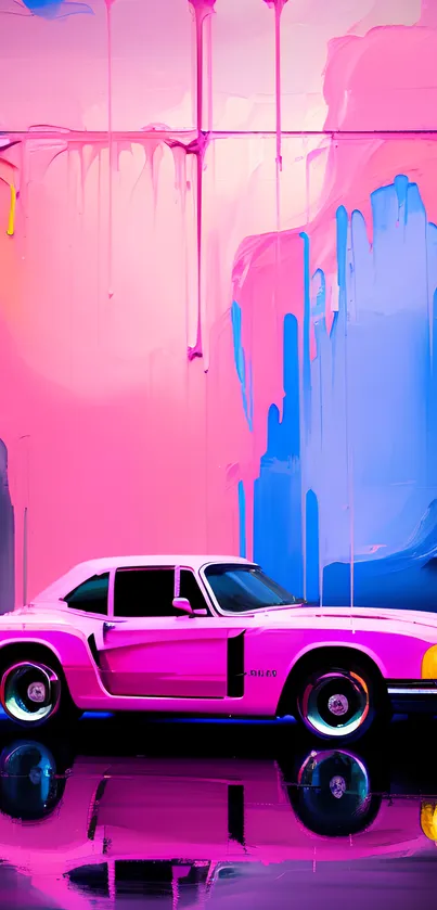 Pink retro car with vibrant paint backdrop.