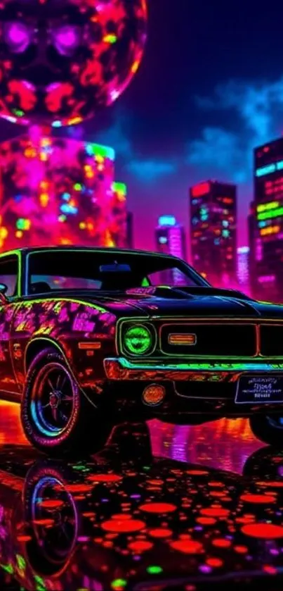 Neon car in futuristic cityscape at night.