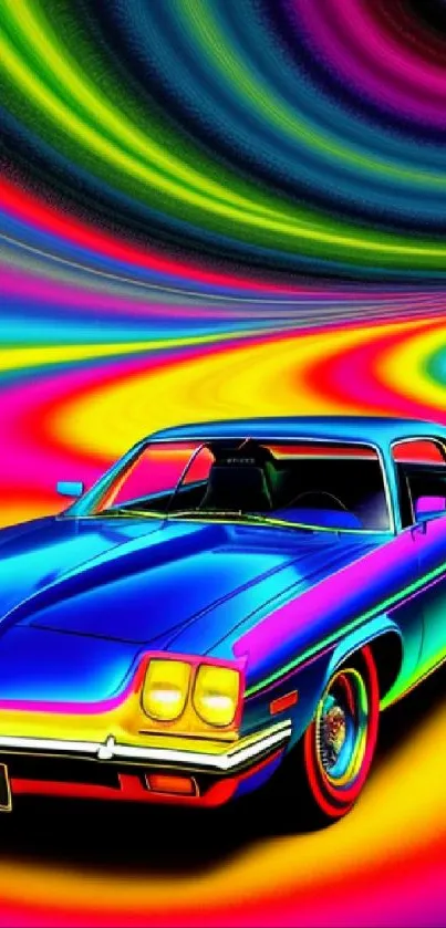 Vibrant retro car with psychedelic neon swirls in colorful wallpaper.
